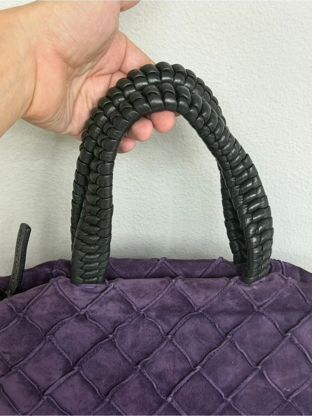 Giorgio Armani Purple Suede Woven Leather Top Handle Handbag Made in Italy